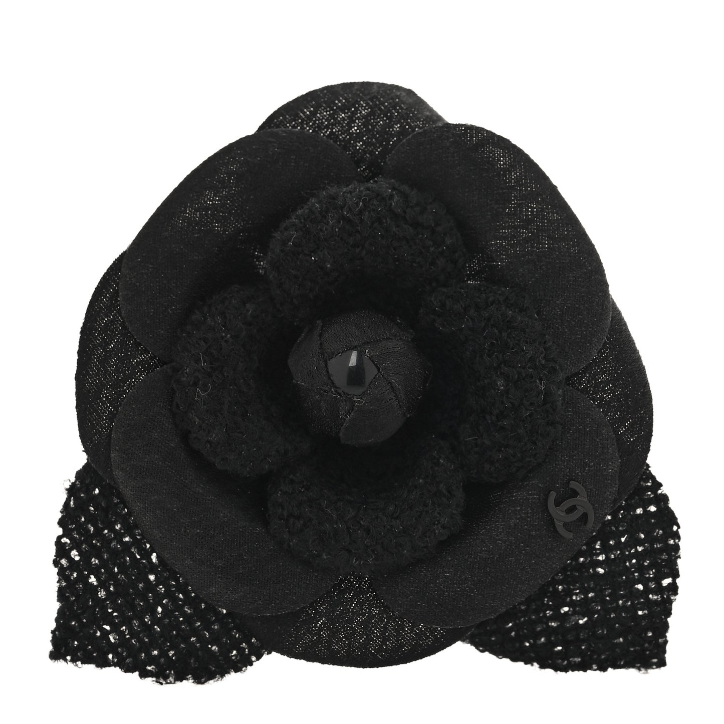 Tweed Fabric Camellia Pin Brooch Black