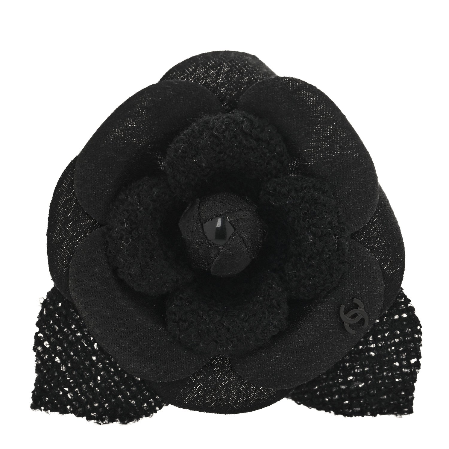 Chanel Tweed Fabric Camellia Pin Brooch Black 1 of 3
