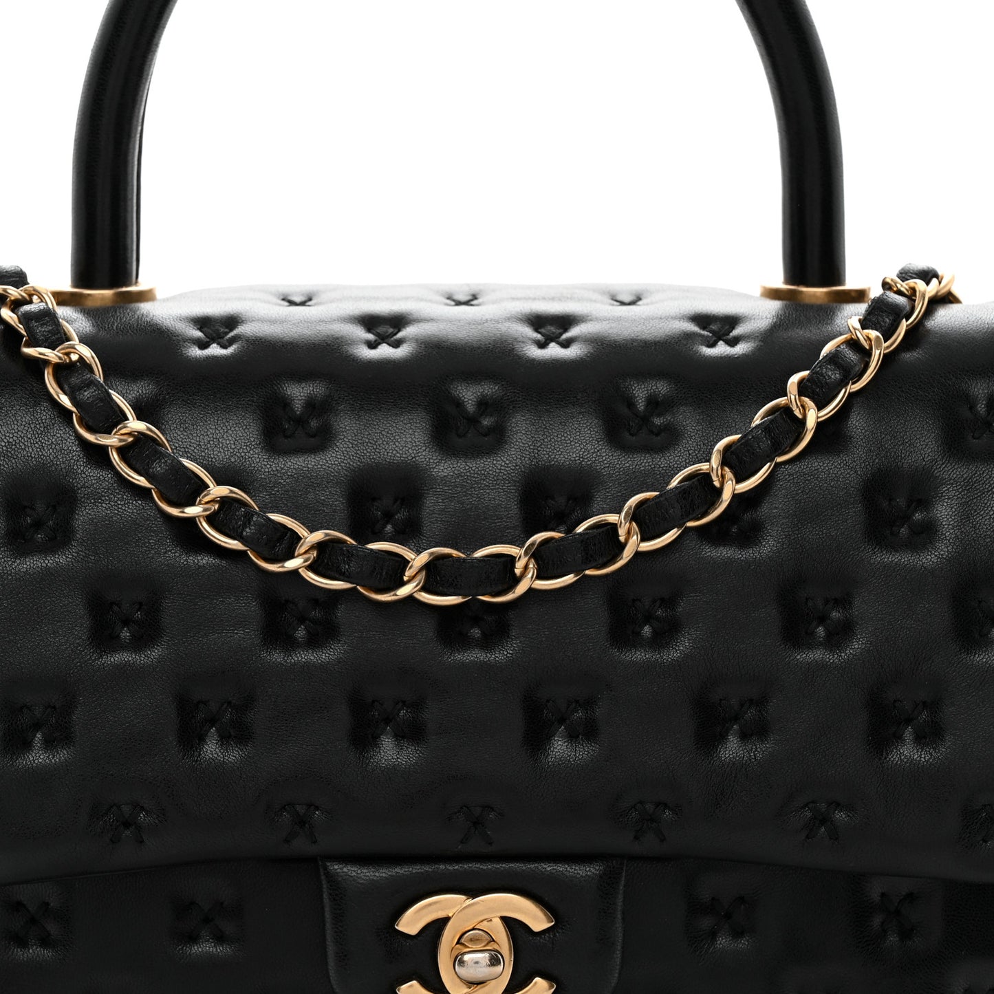 Lambskin Cross Stitch Small Coco Handle Flap Dark Black