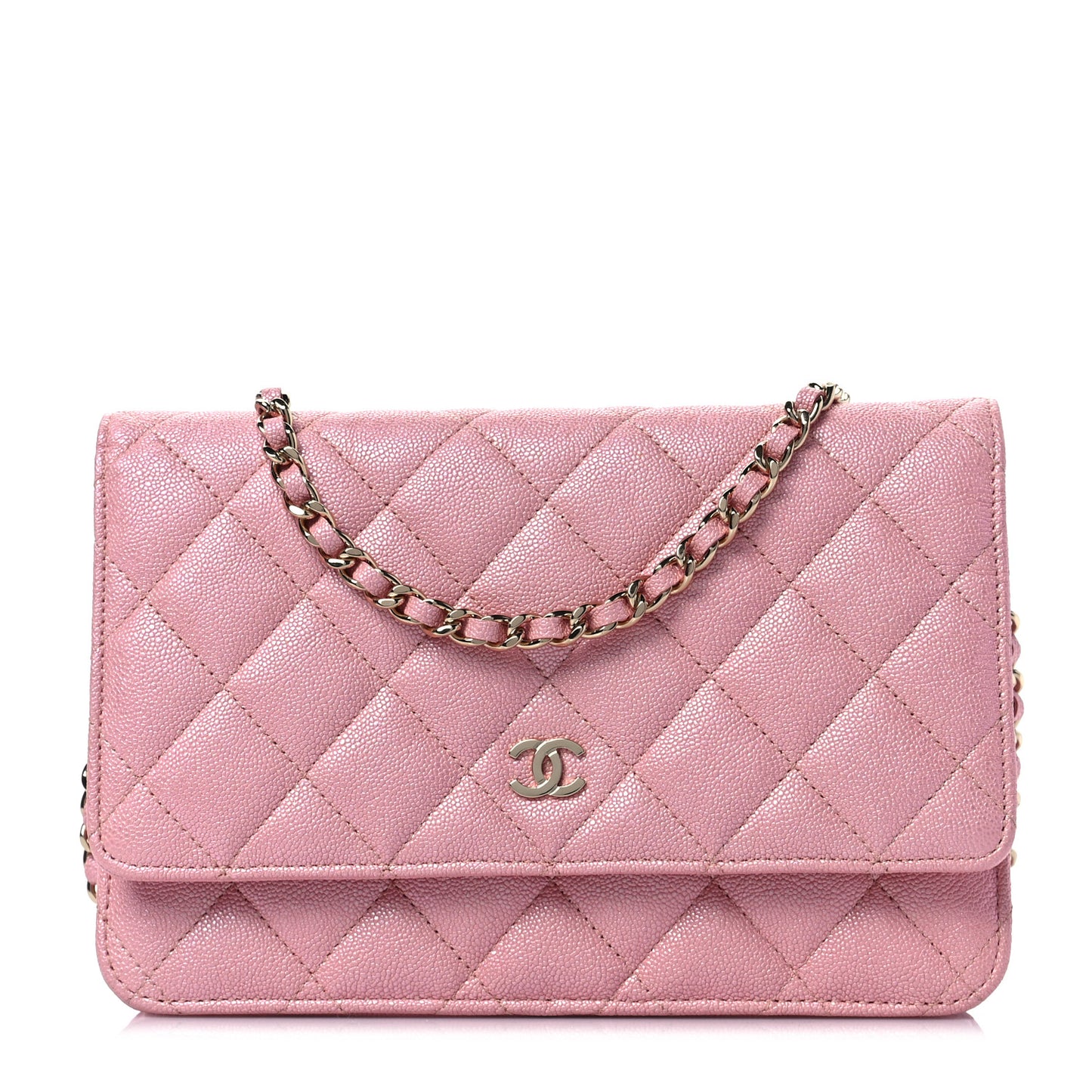 Iridescent Caviar Quilted Wallet on Chain WOC Rose Pink