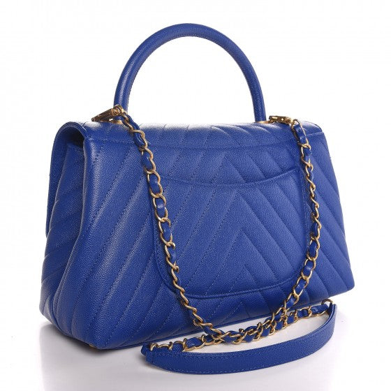 Caviar Chevron Quilted Small Coco Handle Flap Blue