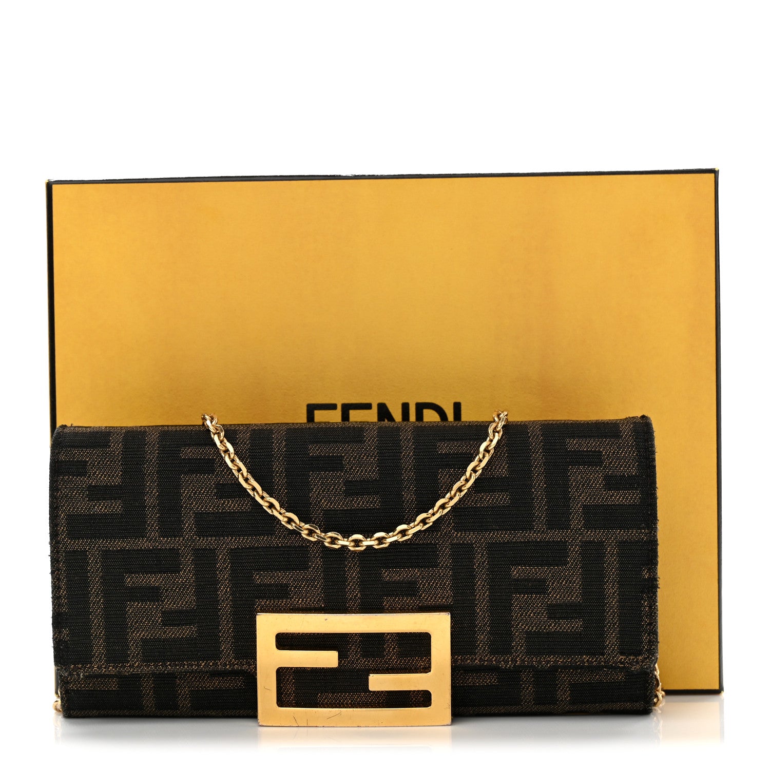 Fendi Fabric Jacquard FF 1974 Continental Wallet On Chain Tobacco