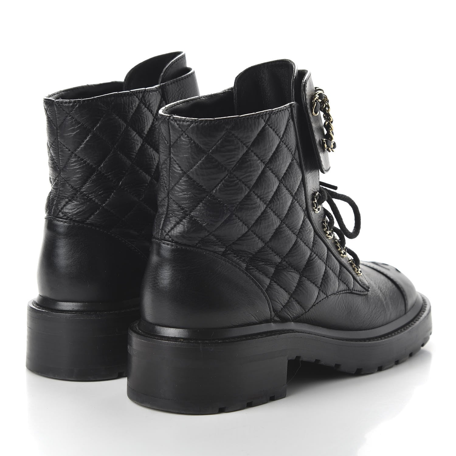 Chanel Shiny Goatskin Calfskin Quilted Lace Up Combat Boots 38 Black 4 of 9