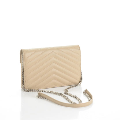 Saint Laurent Grain De Poudre Matelasse Chevron Monogram Envelope Chain Wallet Nude Powder 3 of 7