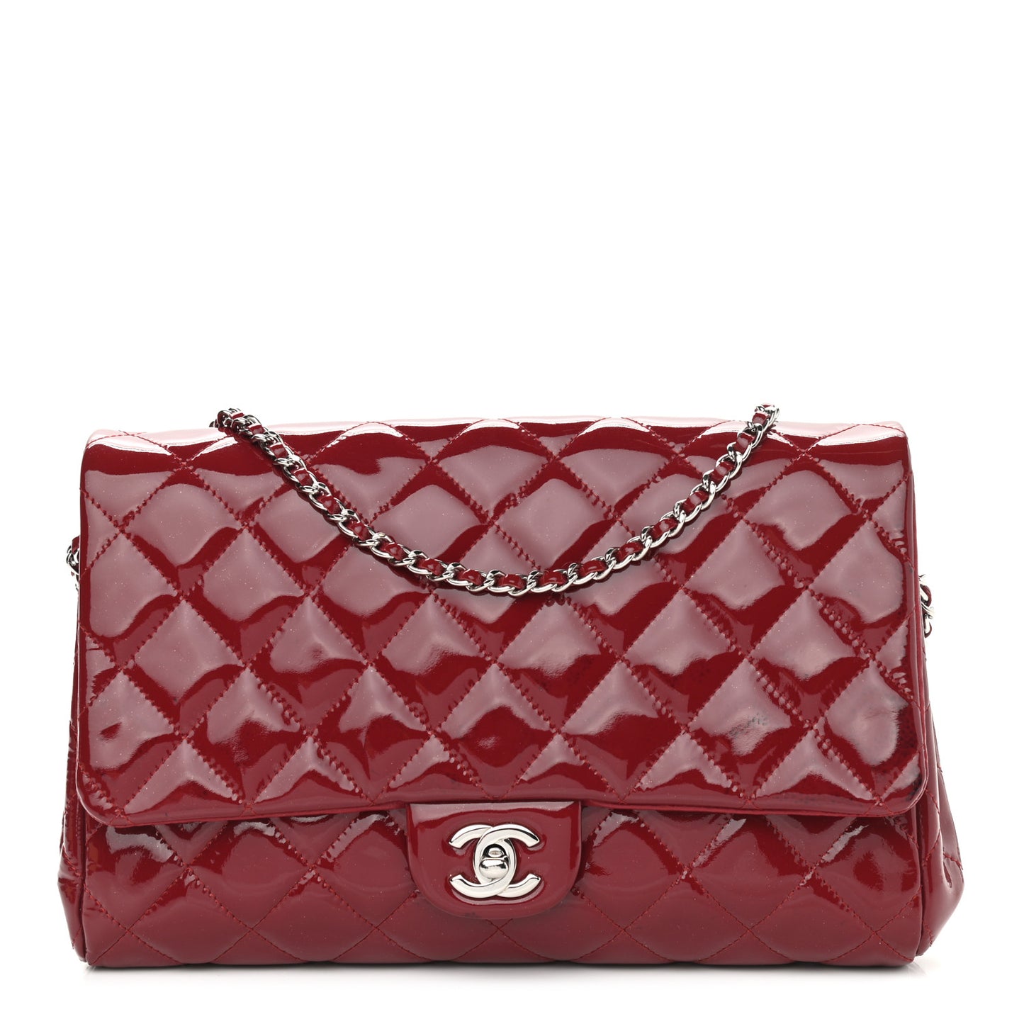 Patent Quilted Clutch With Chain Flap Red
