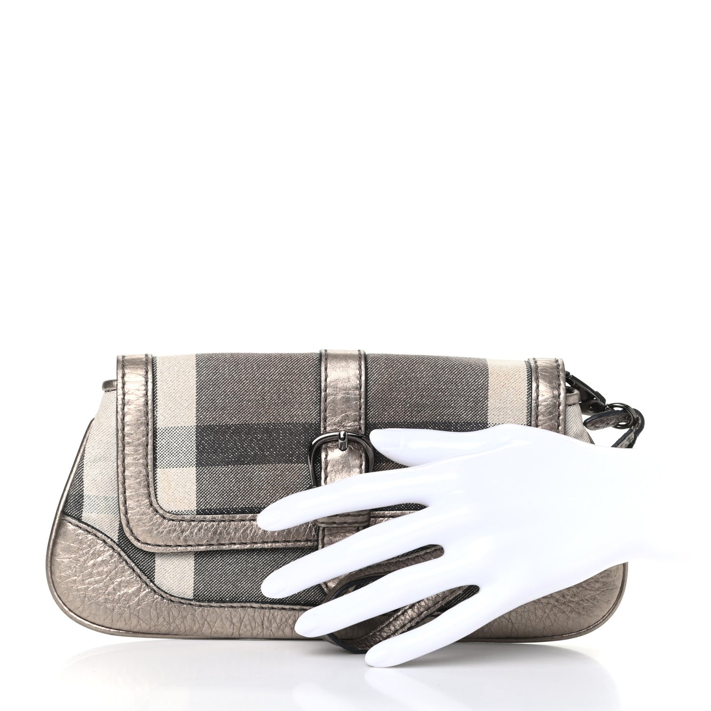 Metallic Calfskin Smoked Check Wristlet Pouch Pewter