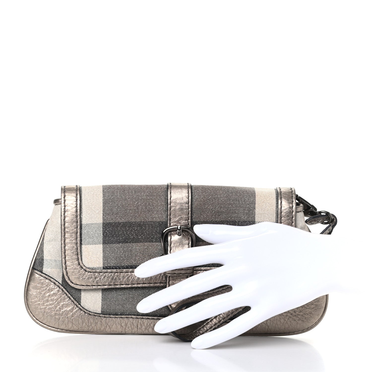 Burberry Metallic Calfskin Smoked Check Wristlet Pouch Pewter 2 of 9