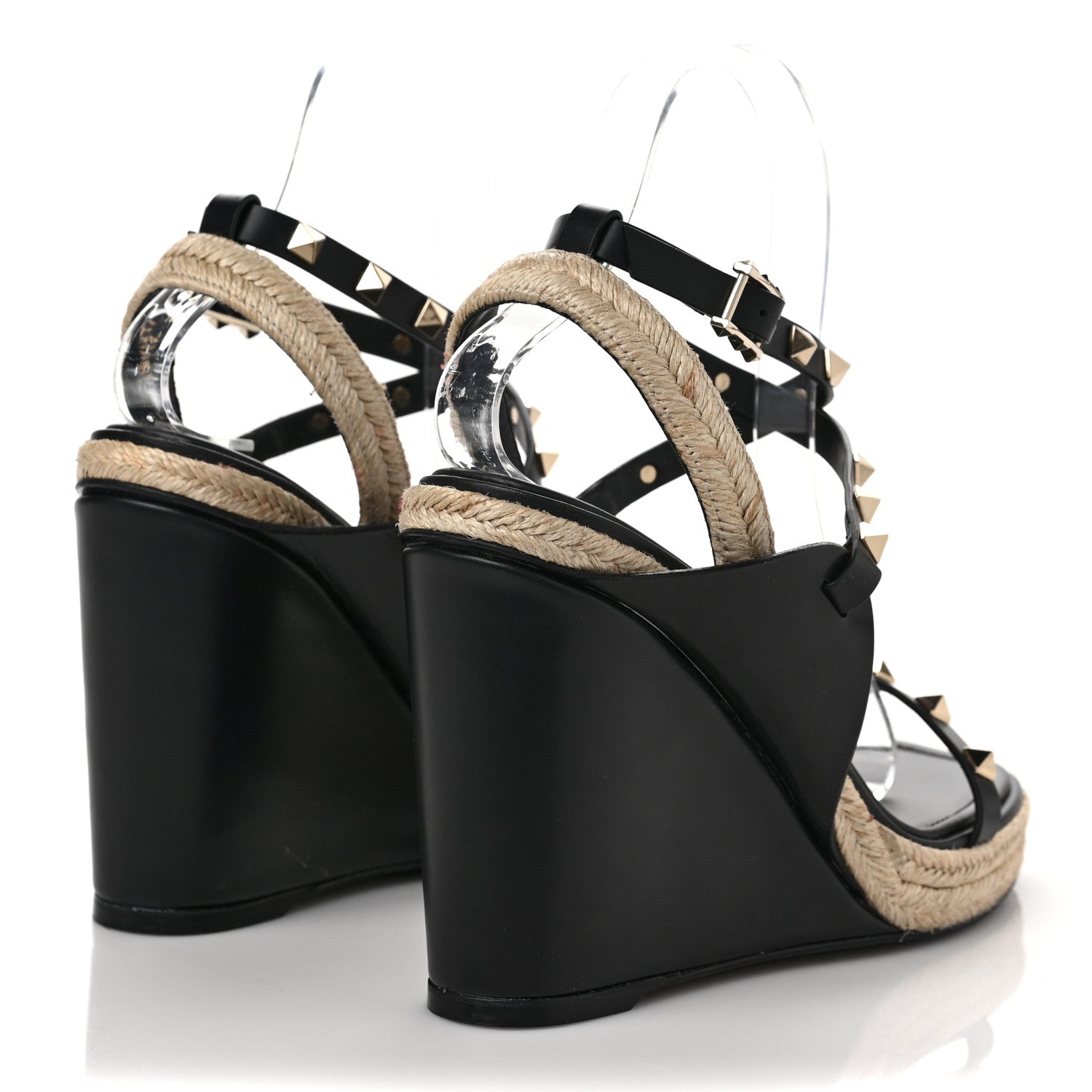 Valentino Garavani Calfskin Rockstud Ankle Strap Espadrille 20/110mm Wedge Sandals 38 Black 4 of 9