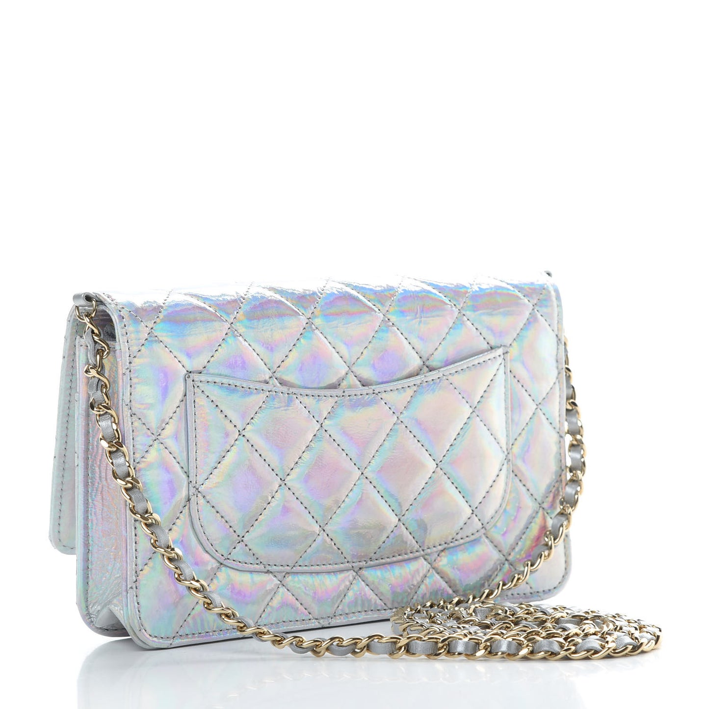 Iridescent Goatskin Quilted Wallet On Chain WOC Silver