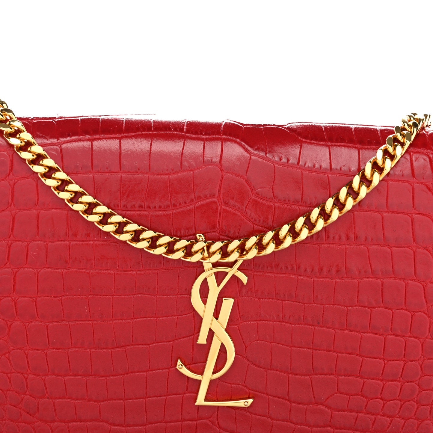 Calfskin Crocodile Embossed Monogram Chain Wallet New Lipstick Red