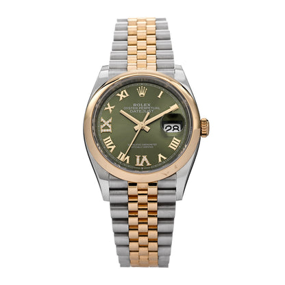 Rolex Stainless Steel 18K Yellow Gold Diamond 36mm Oyster Perpetual Datejust Watch Olive Green Roman 126203 1 of 5