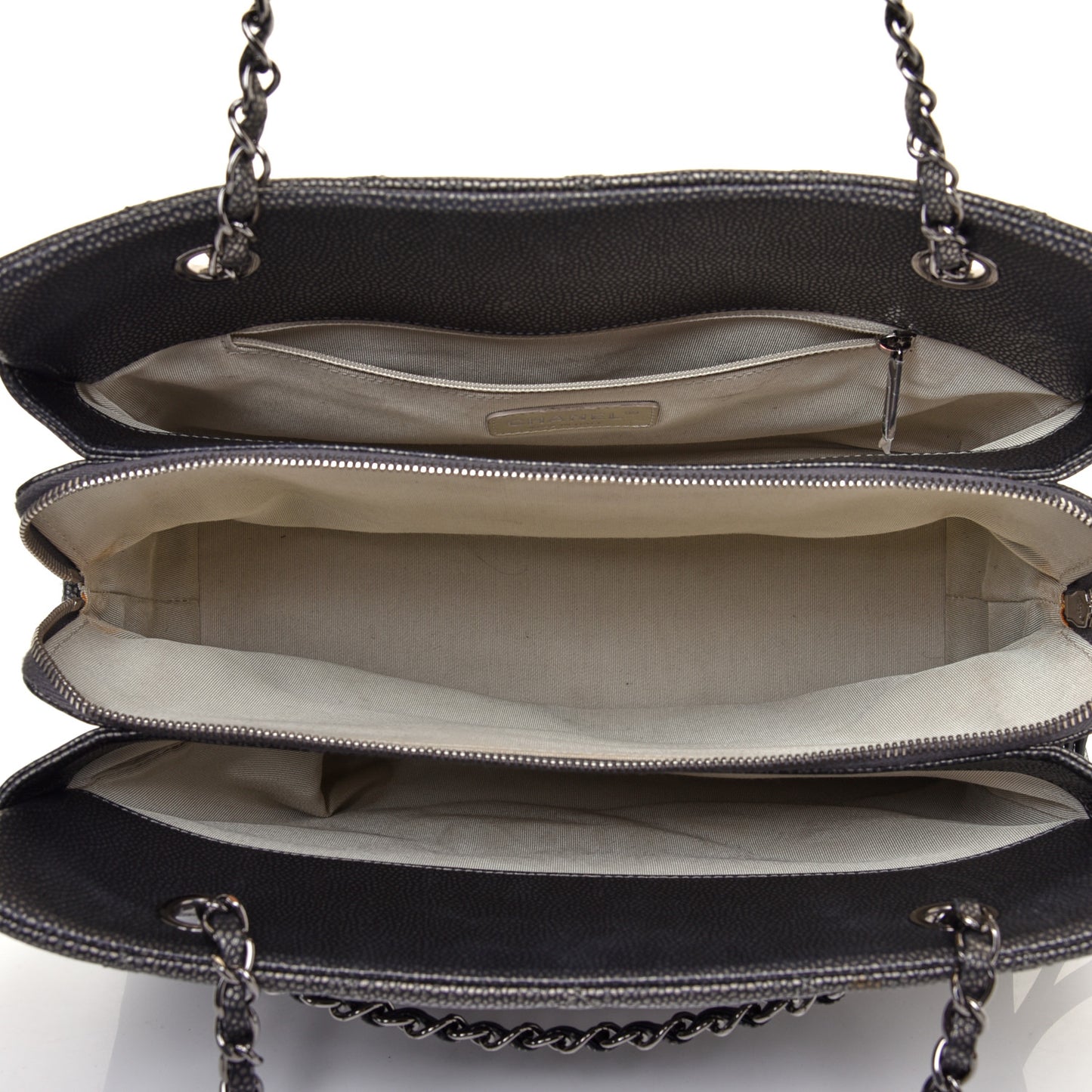 Metallic Caviar Quilted CC Tote Dark Silver