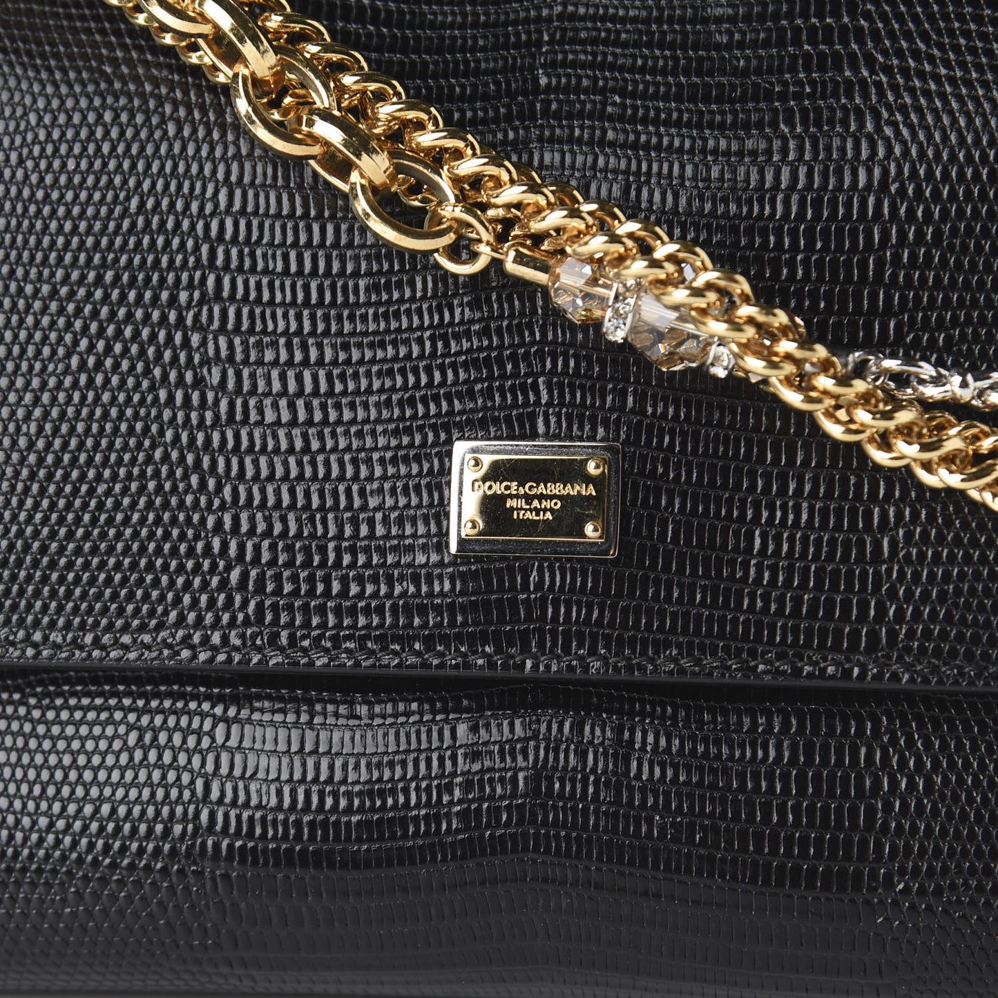 Iguana Embossed Calfskin Small Miss Sicily Chain Satchel Black