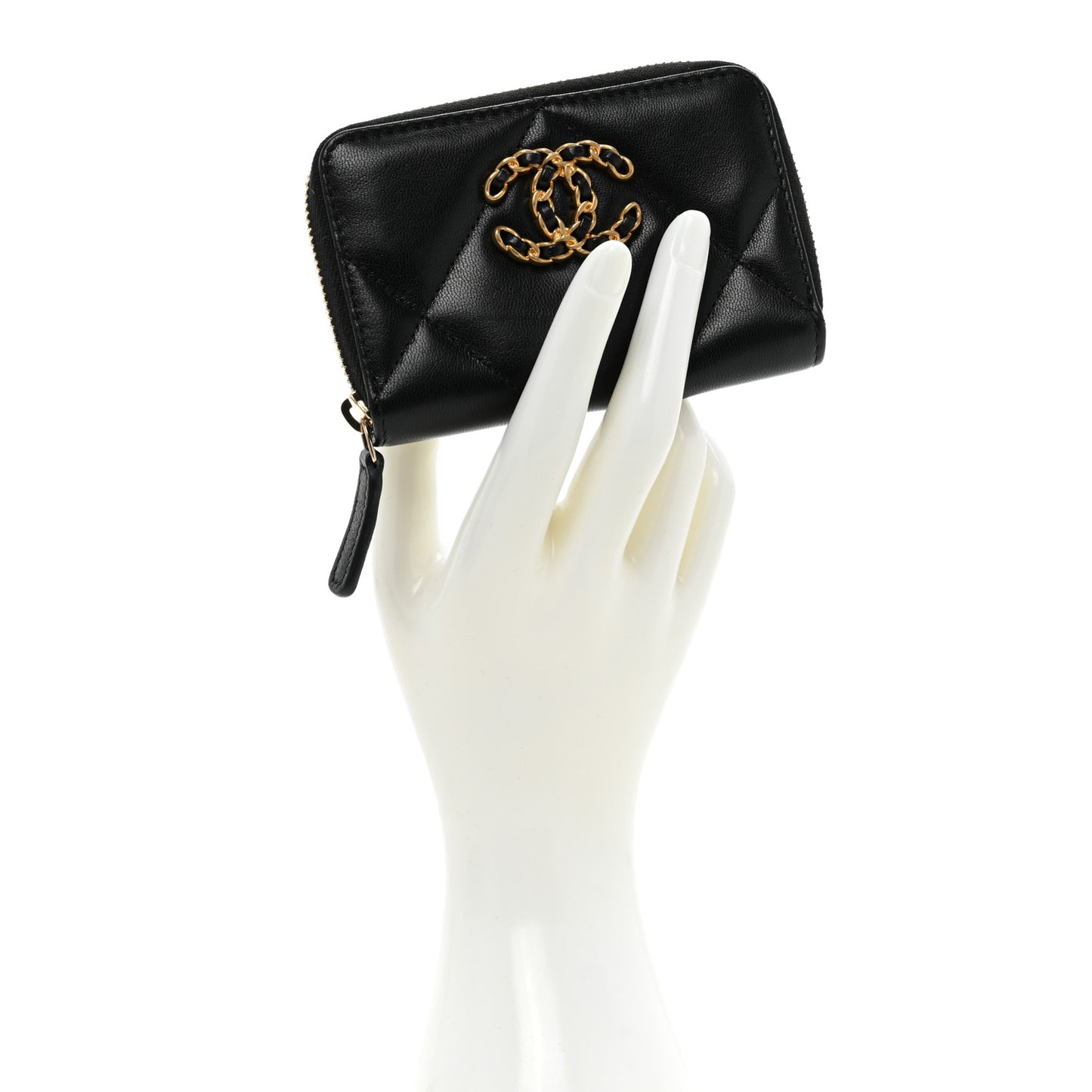 Lambskin Quilted Chanel 19 Zip Around Coin Purse Wallet Black