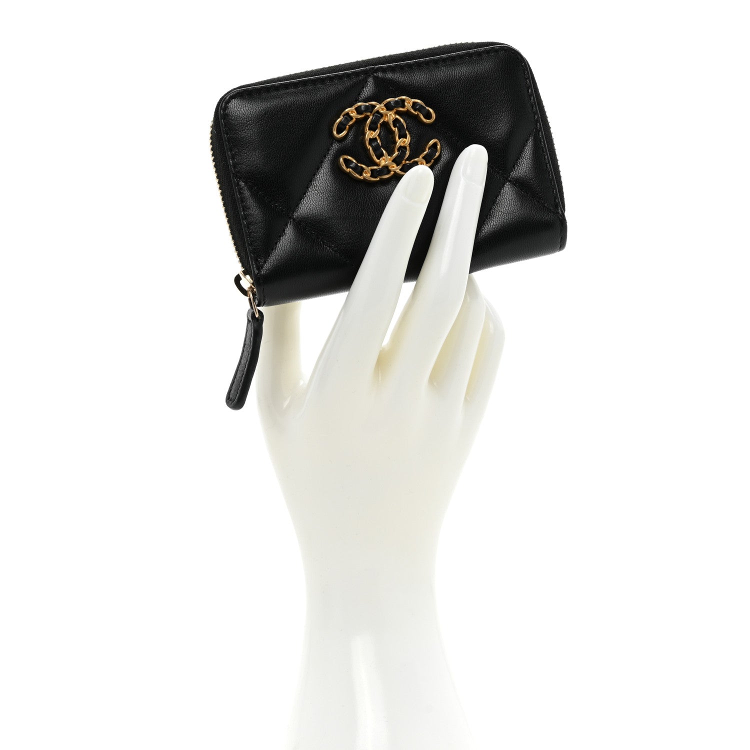 Chanel Lambskin Quilted Chanel 19 Zip Around Coin Purse Wallet Black 2 of 12