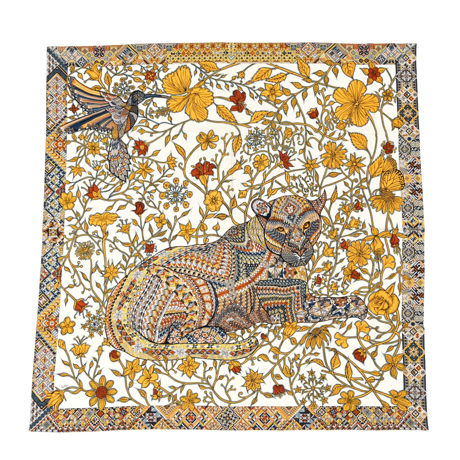 Hermes Cashmere Silk Le Jaguar Et Le Colibri Shawl 140 White Jaune D'or 1 of 4