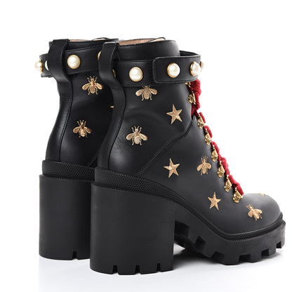 Gucci Calfskin Embroidered Lace Up Combat Ankle Boots 37.5 Black 4 of 11