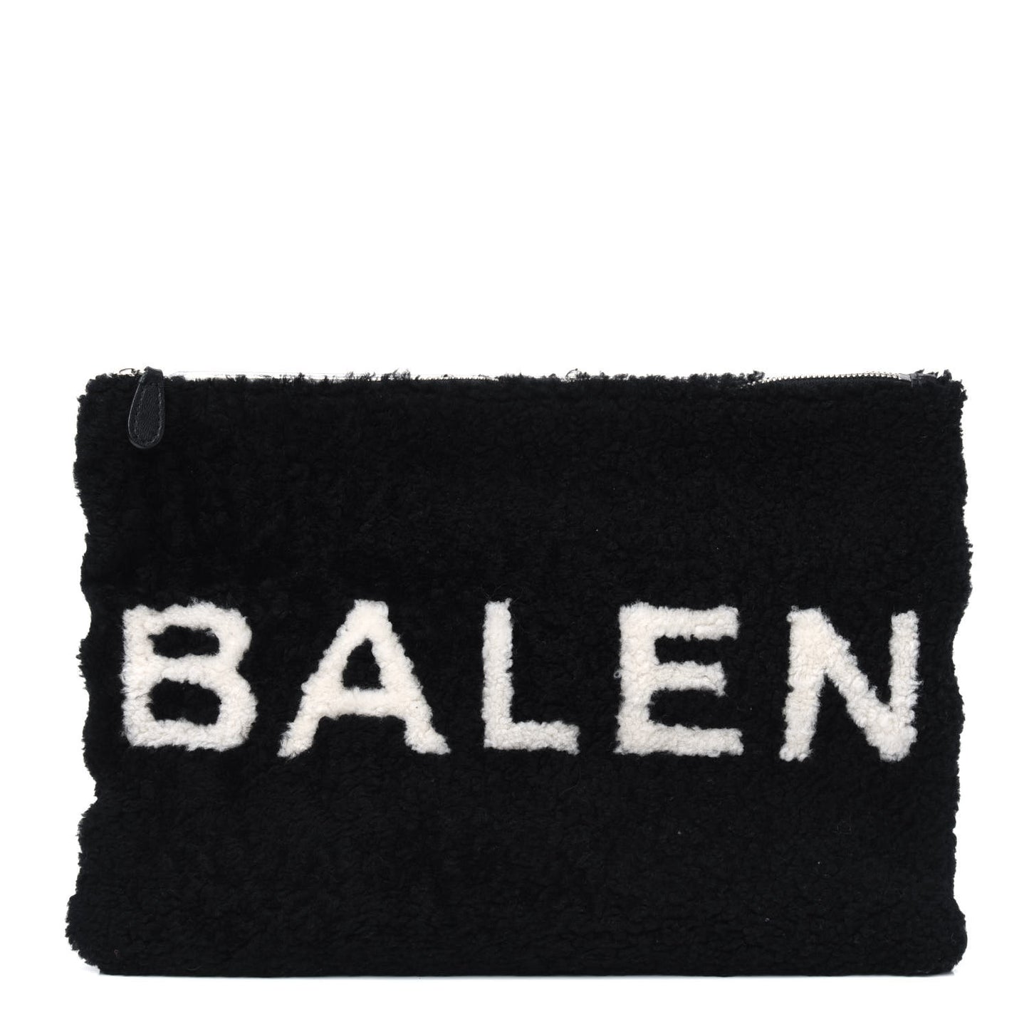 Sheepskin Shearling Contrasted Logo Large Zip Pouch Black