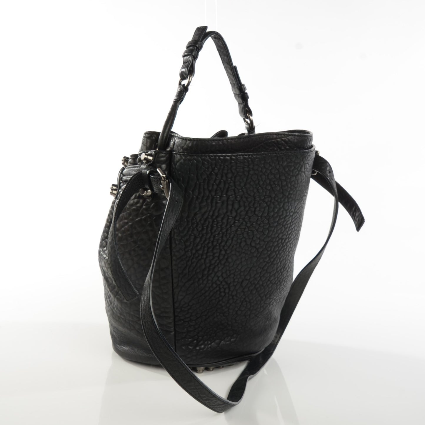 Pebbled Lambskin Diego Bucket Bag Black Nickel Hardware