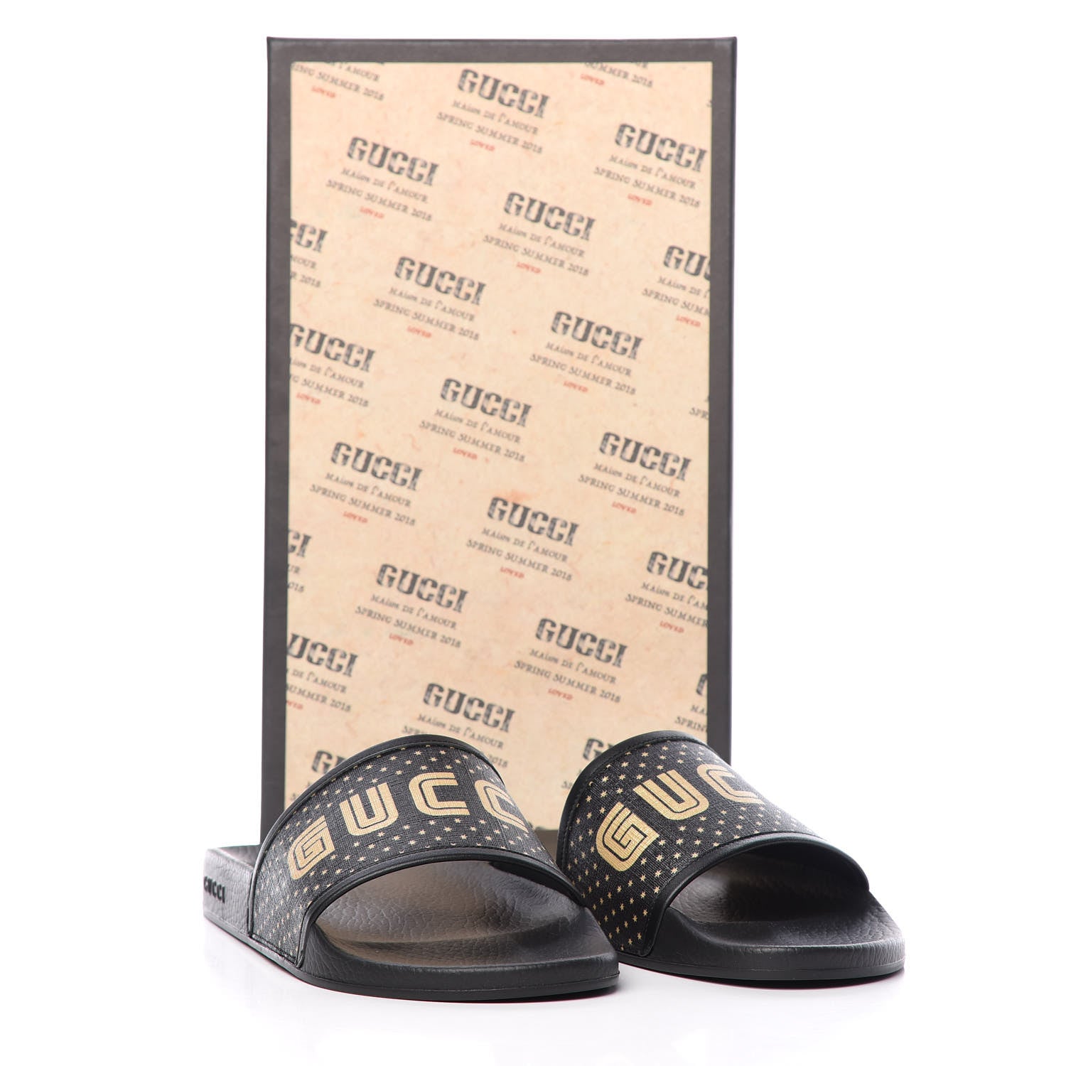 Gucci X SEGA Supreme Canvas GUCCY Stars Mens Slide Sandals 10 Black Gold 8 of 8