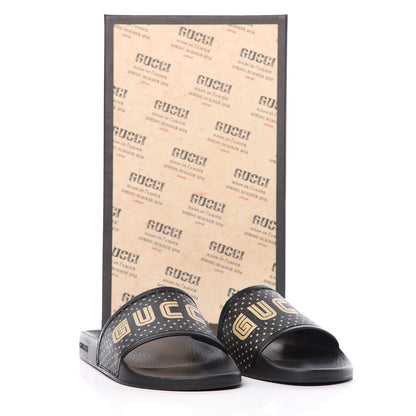 Gucci X SEGA Supreme Canvas GUCCY Stars Mens Slide Sandals 10 Black Gold 8 of 8