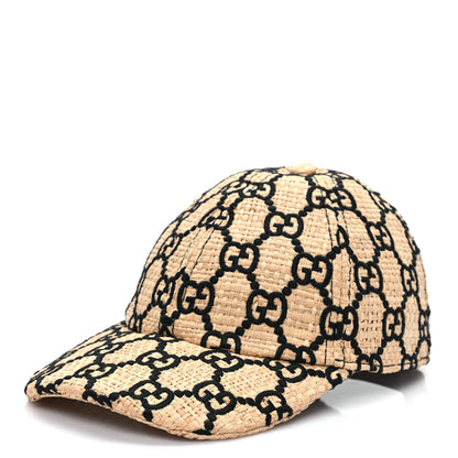 Gucci Raffia GG Monogram Elaphe Embroidered Aisha Baseball Hat M Ivory Black 1 of 7