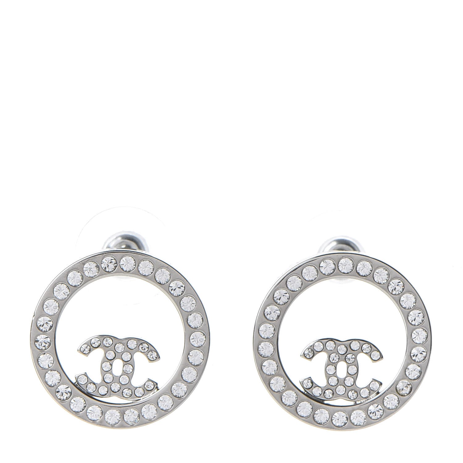 Chanel Crystal CC Round Earrings Silver 1 of 5