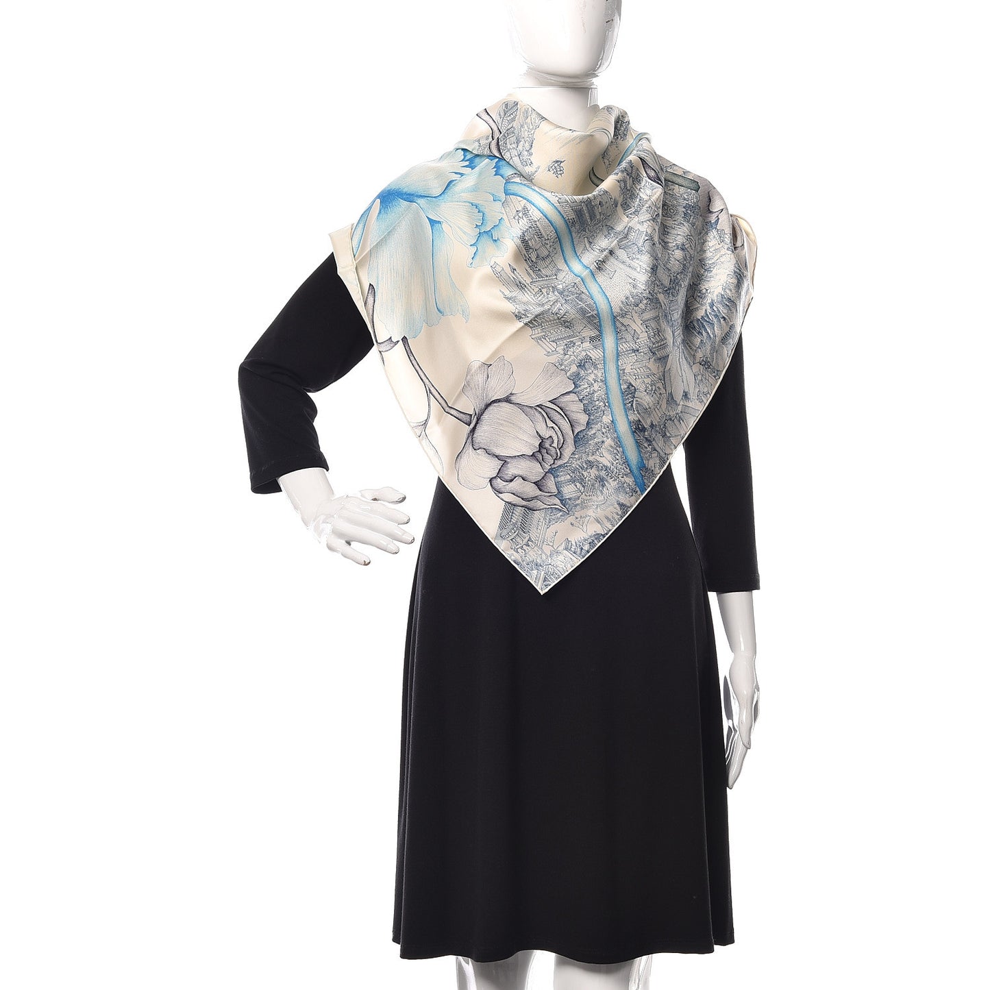 Silk A L'Ombre Des Pivoine Scarf 90 Ivory Turquoise Vert