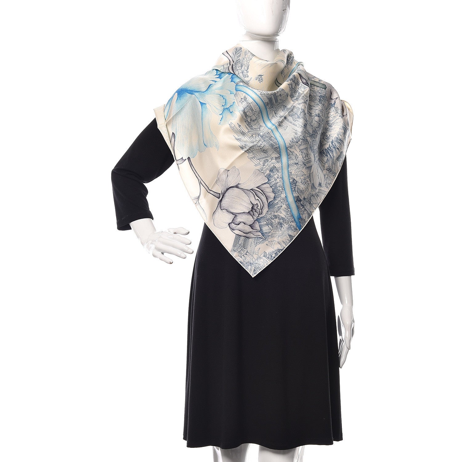 Hermes Silk A L'Ombre Des Pivoine Scarf 90 Ivory Turquoise Vert 2 of 4