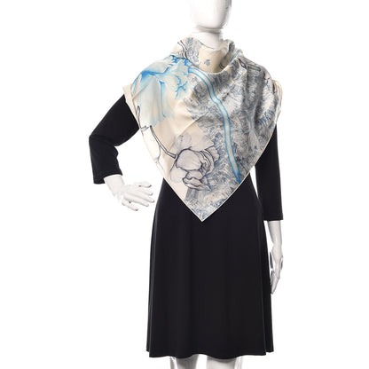 Hermes Silk A L'Ombre Des Pivoine Scarf 90 Ivory Turquoise Vert 2 of 4