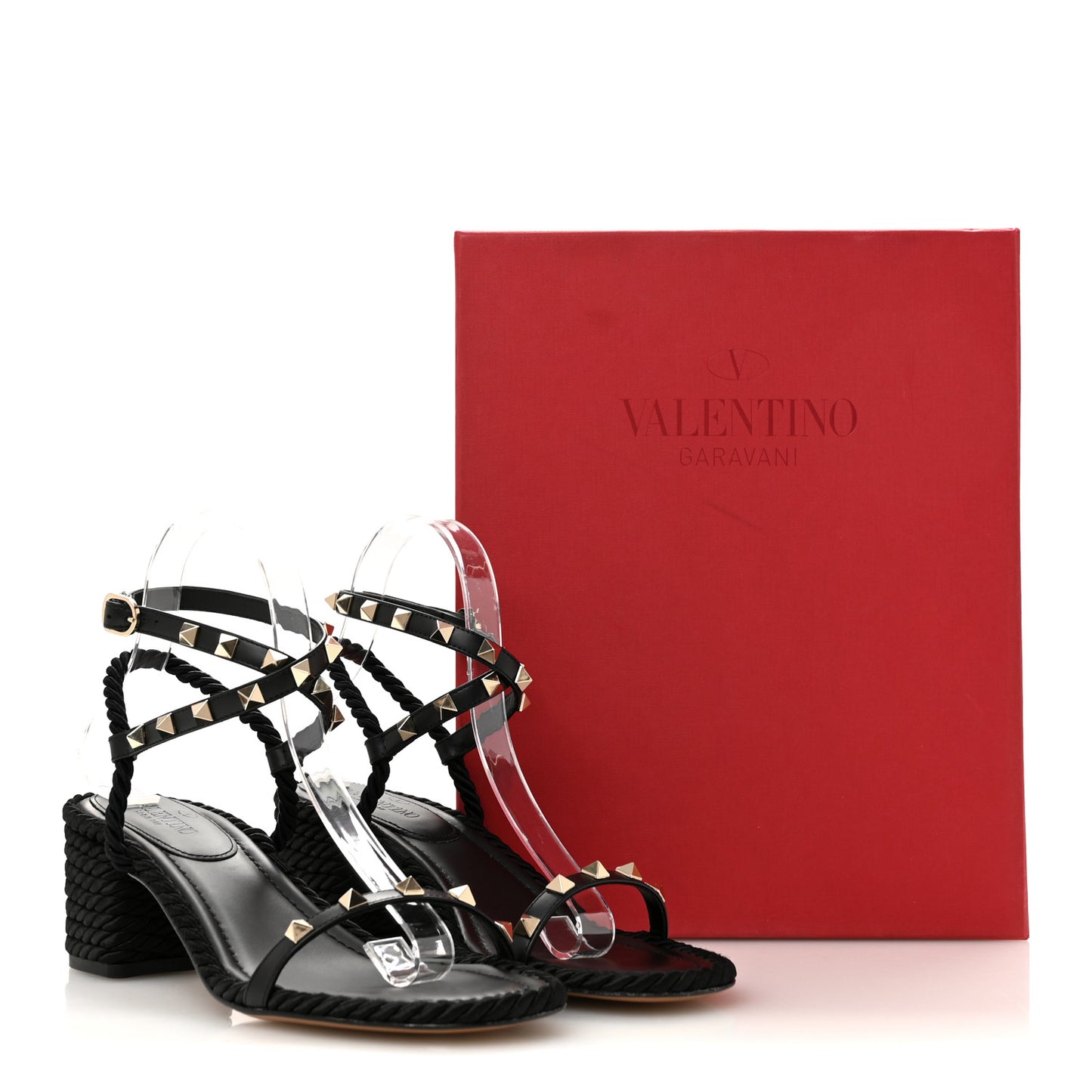 Calfskin Rockstud Torchon Rope 65mm Sandals 39 Black