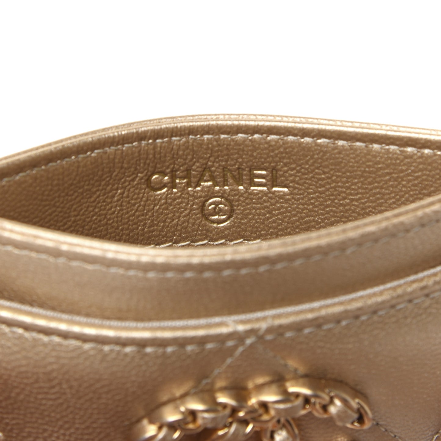 Metallic Goatskin Quilted Chanel 19 Card Holder Gold