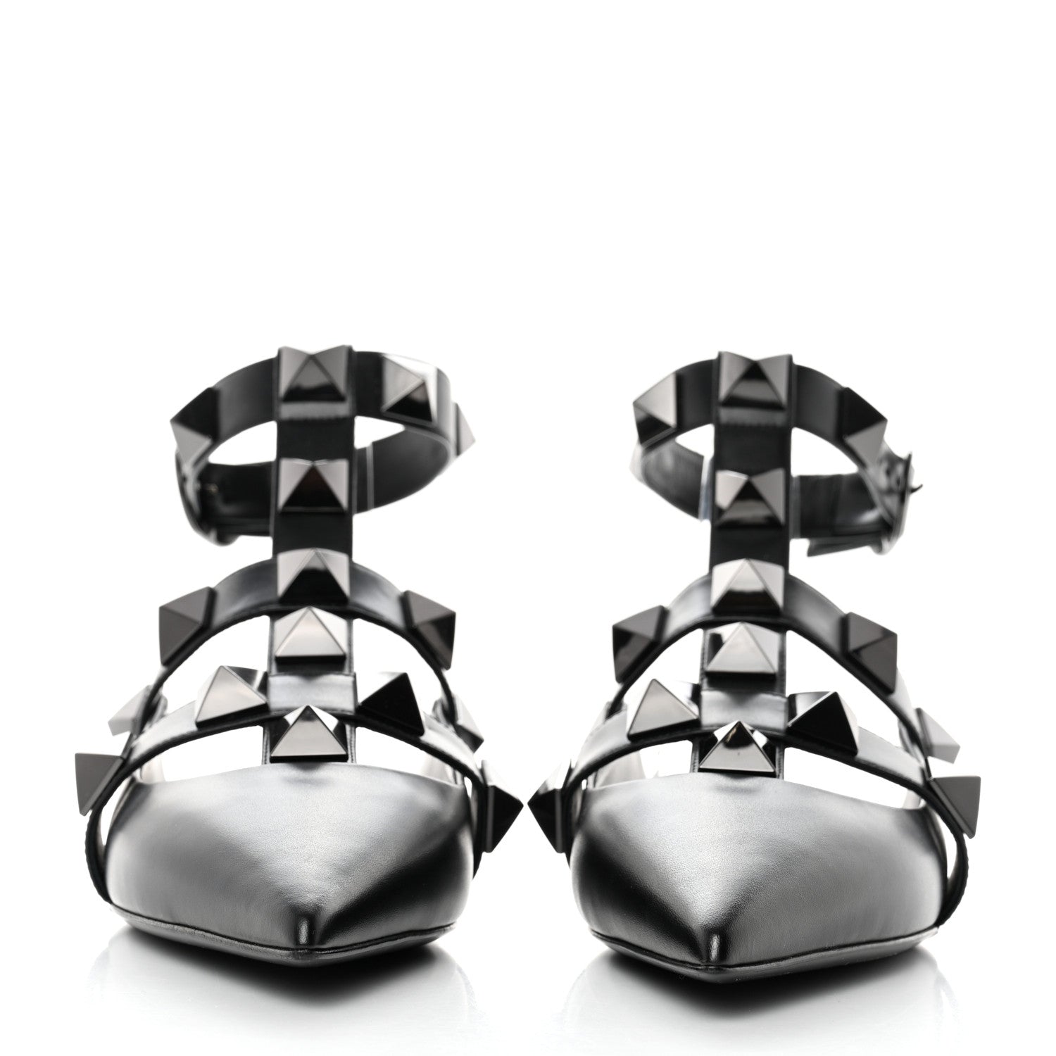 Valentino Garavani Calfskin Tonal Roman Stud Ankle Strap Flat Mules 39.5 Black 2 of 8