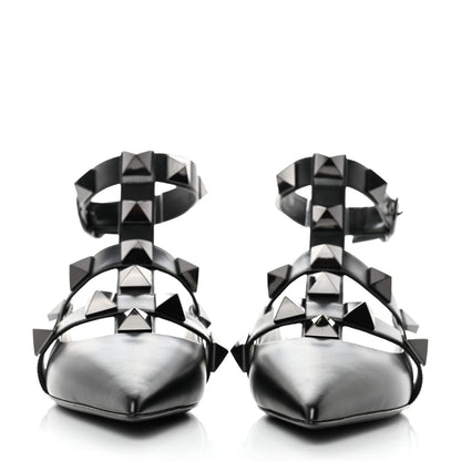 Valentino Garavani Calfskin Tonal Roman Stud Ankle Strap Flat Mules 39.5 Black 2 of 8