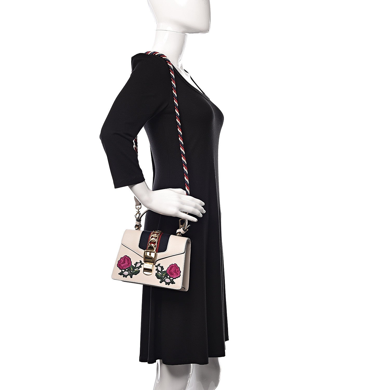 Gucci Calfskin Embroidered Mini Sylvie Top Handle Bag White 3 of 11
