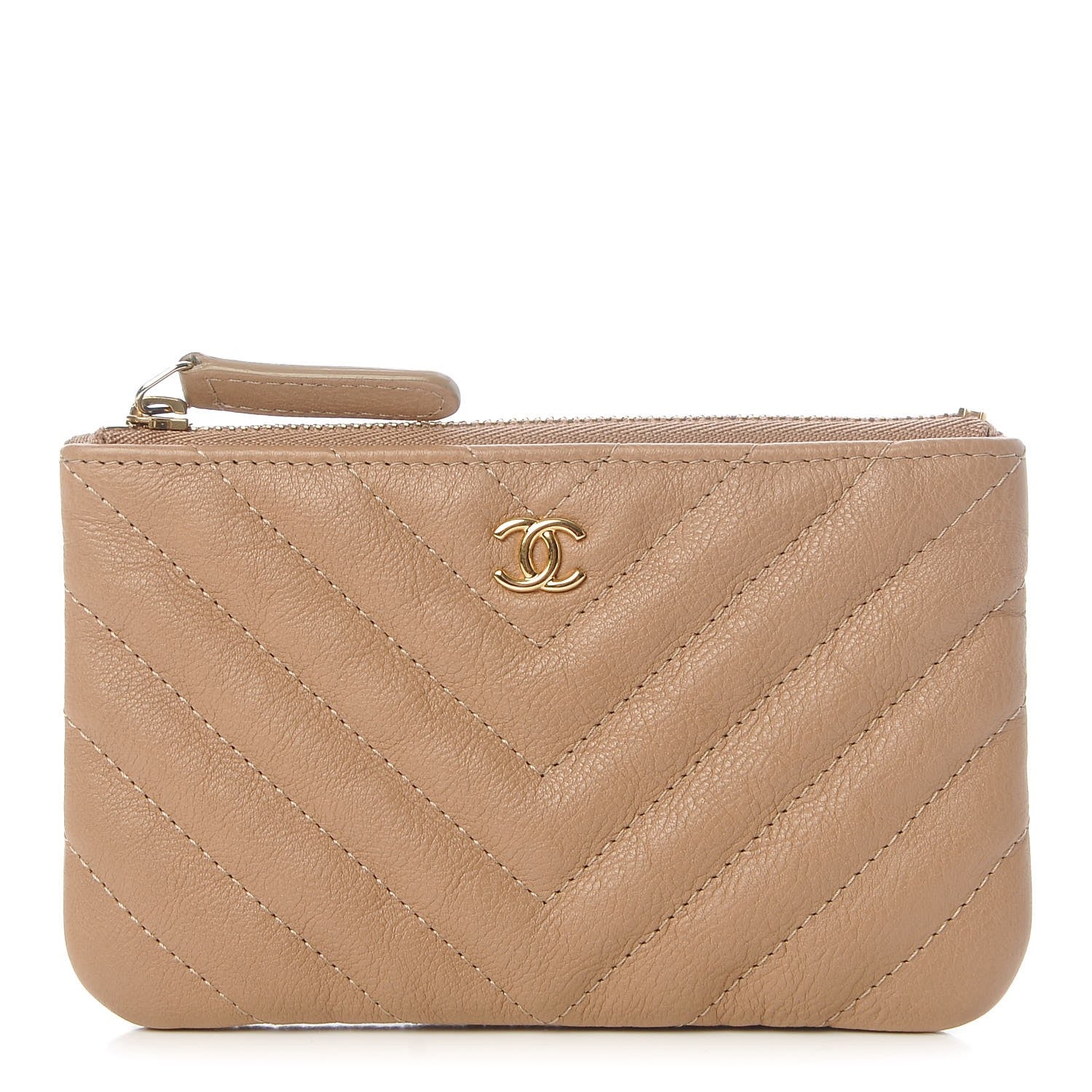 Chanel Crumpled Calfskin Chevron Quilted Small Cosmetic Case Dark Beige 1 of 7