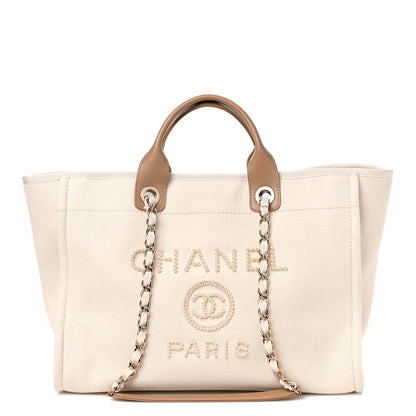 Chanel Canvas Pearl Medium Deauville Tote Ecru Beige 1 of 11