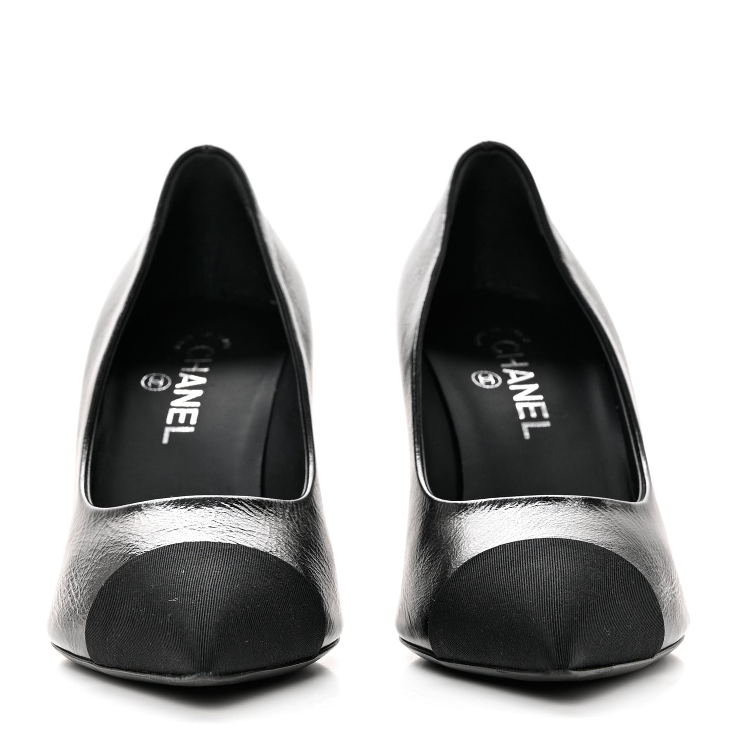Shiny Calfskin Grosgrain Cap Toe CC Pearl Pumps 41 Black