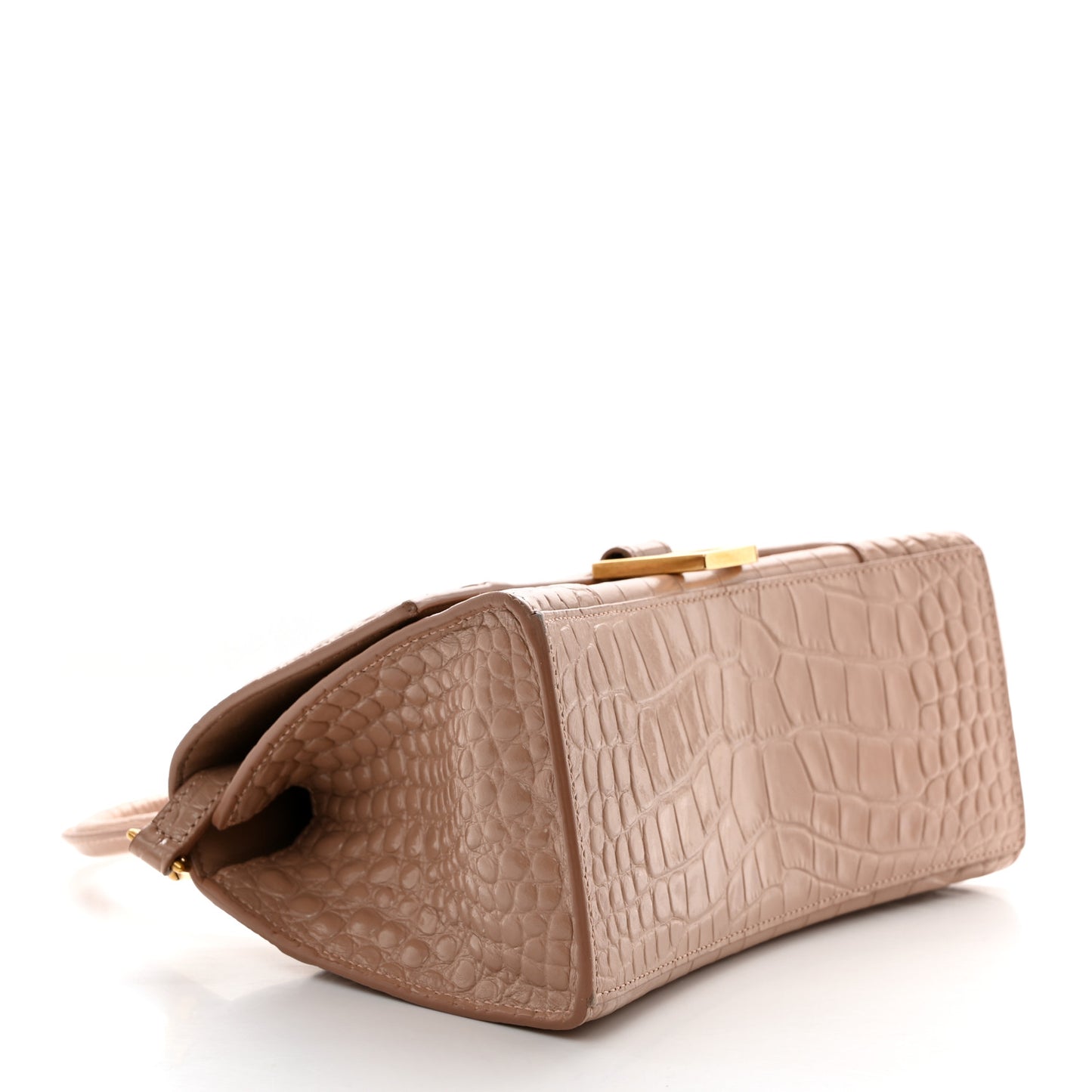 Shiny Calfskin Crocodile Embossed Small Hourglass Top Handle Bag Nude Beige