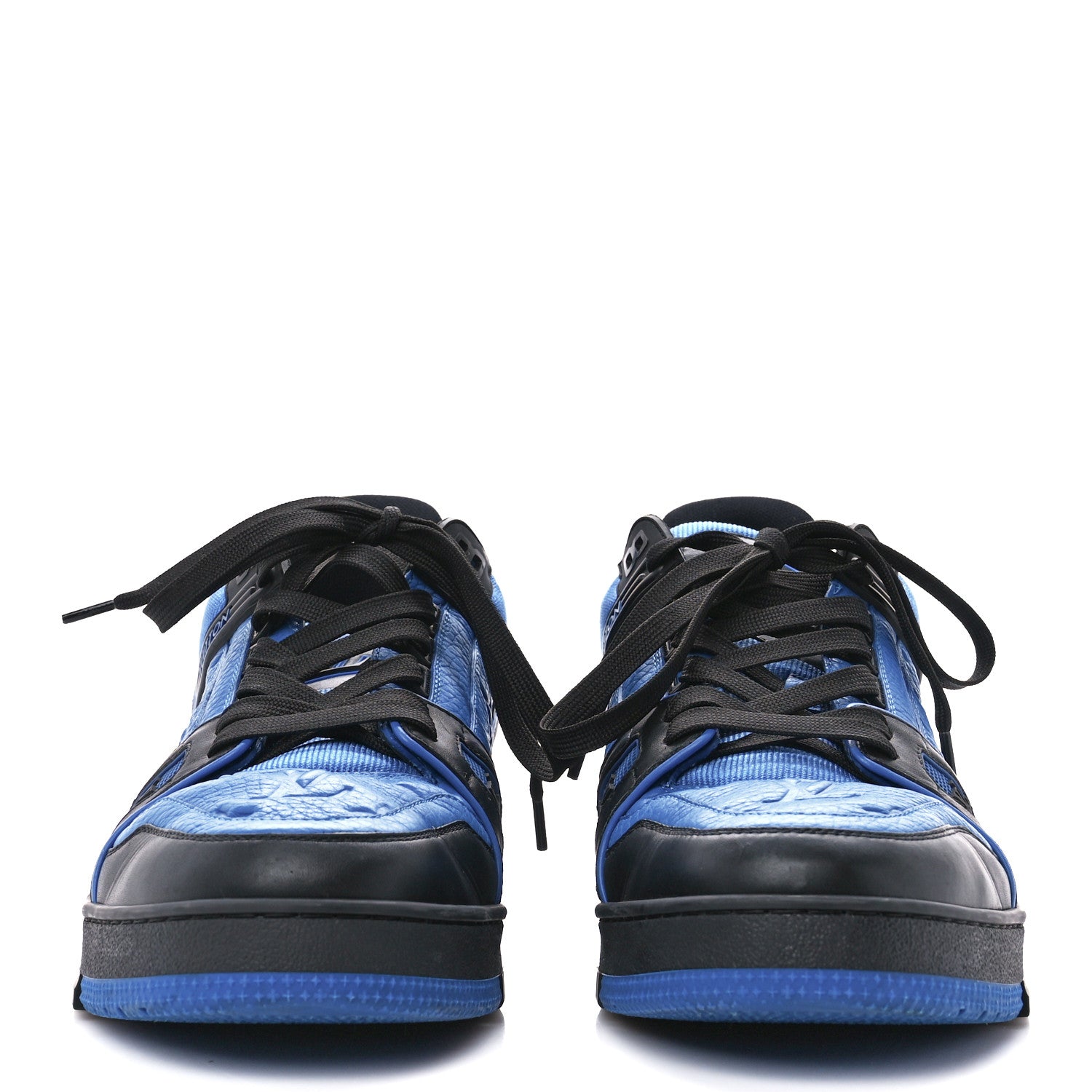 Louis Vuitton Calfskin Embossed Monogram Mens LV Trainer Sneakers 10 Black Blue 2 of 9