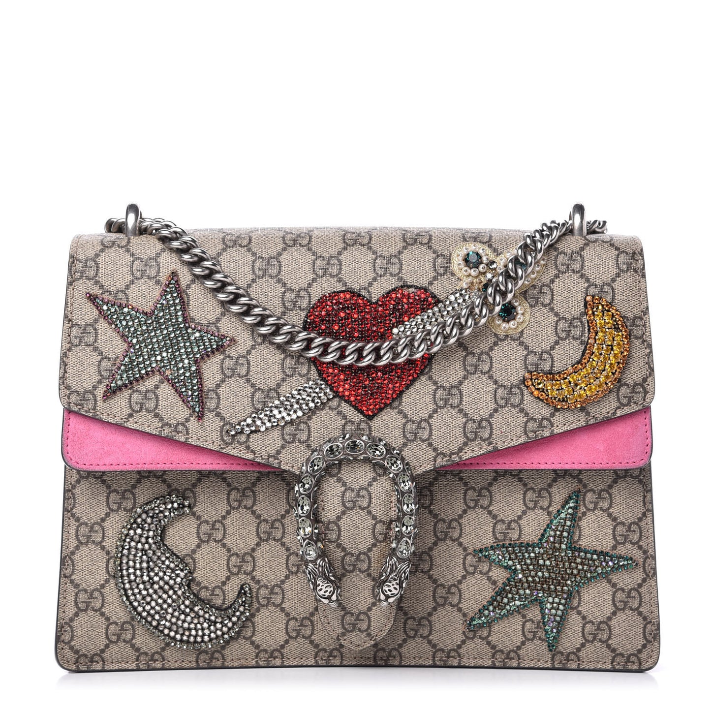 GG Supreme Monogram Suede Pierced Heart Embroidered Medium Dionysus Shoulder Bag Beige Ebony Pink Tropical Flower