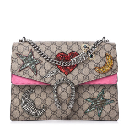 Gucci GG Supreme Monogram Suede Pierced Heart Embroidered Medium Dionysus Shoulder Bag Beige Ebony Pink Tropical Flower 1 of 10