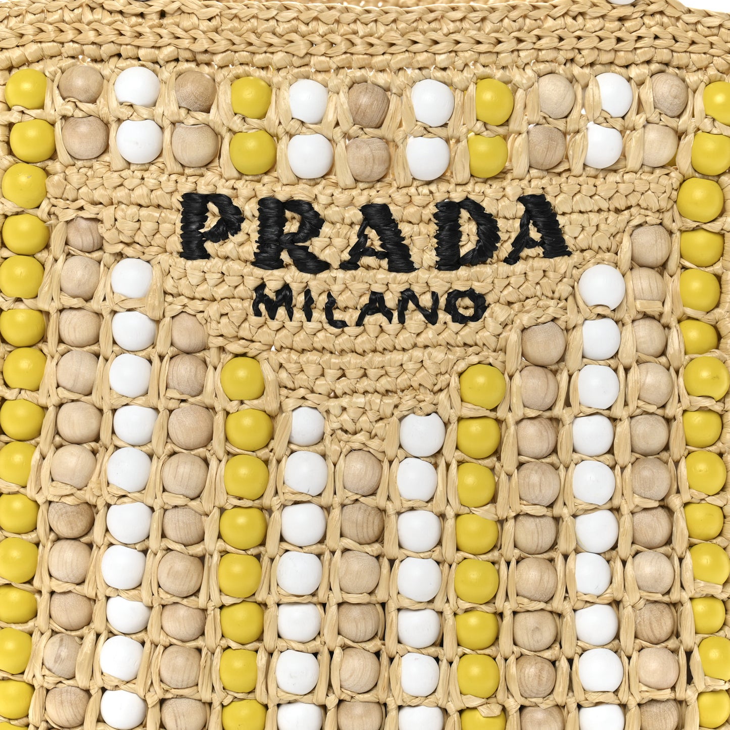 Raffia Wood Bead Embroidered Logo Tote Bag Naturale