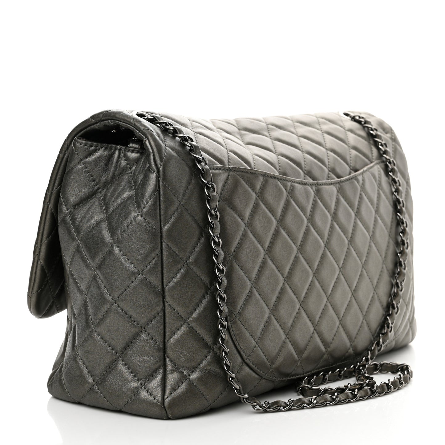 Metallic Calfskin Quilted Small XXL Travel Flap Bag Dark Silver