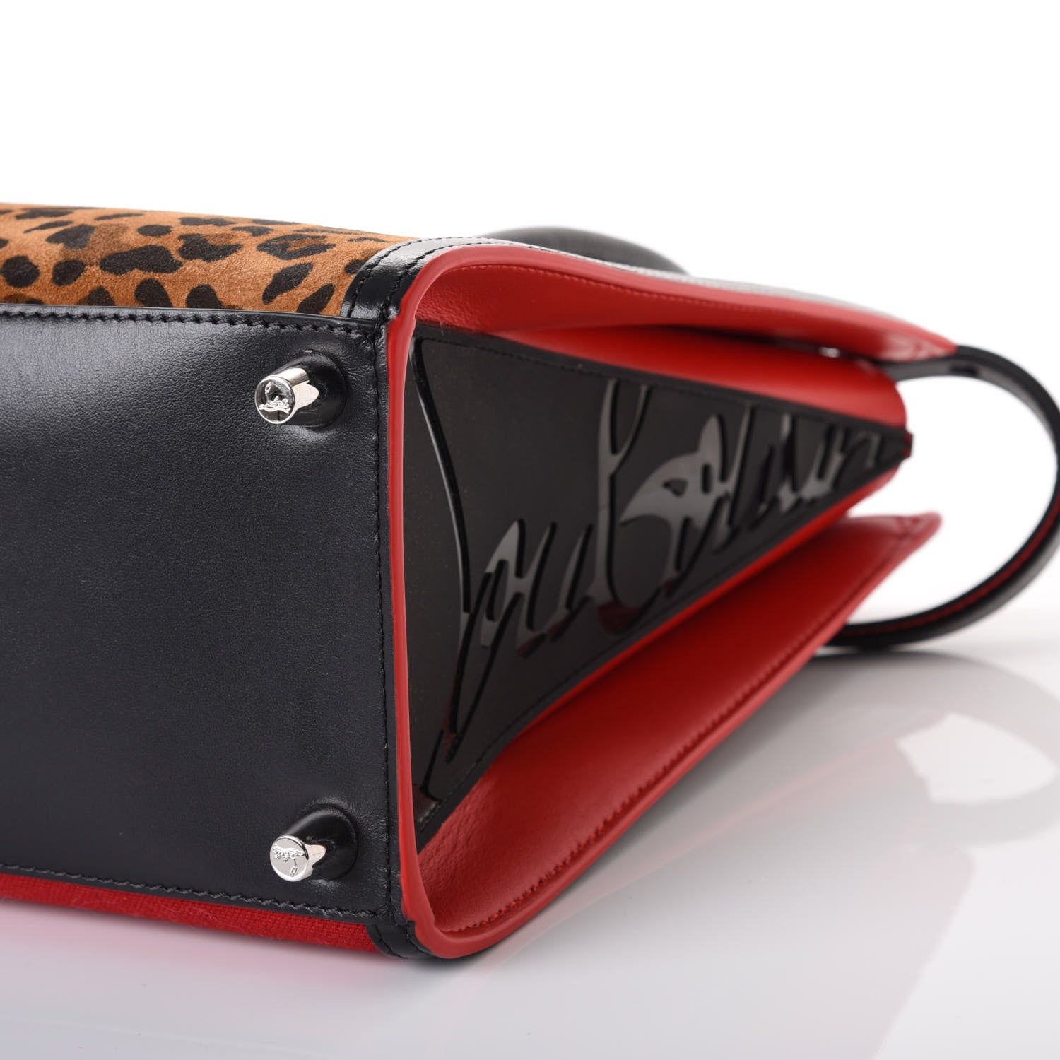 Christian Louboutin Calfskin Empire Pony Hair Leopard Print Studded Medium Paloma Red Brown 6 of 8