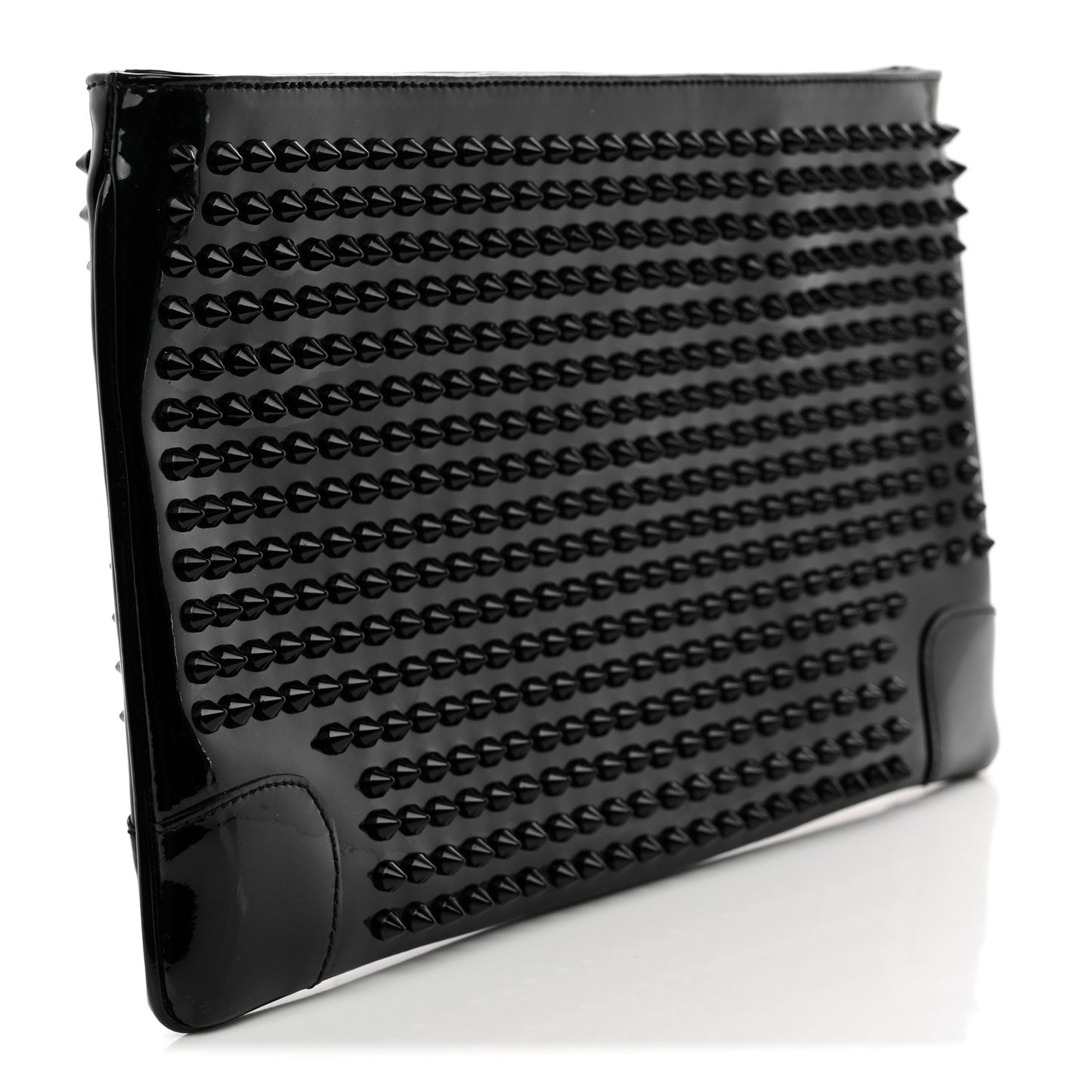 Patent Calfskin Studded Loubiposh Chain Clutch Black