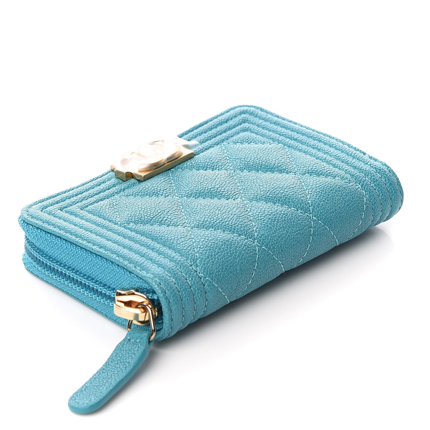 Chanel Caviar Quilted Boy Zip Around Coin Purse Wallet Turquoise 4 of 10