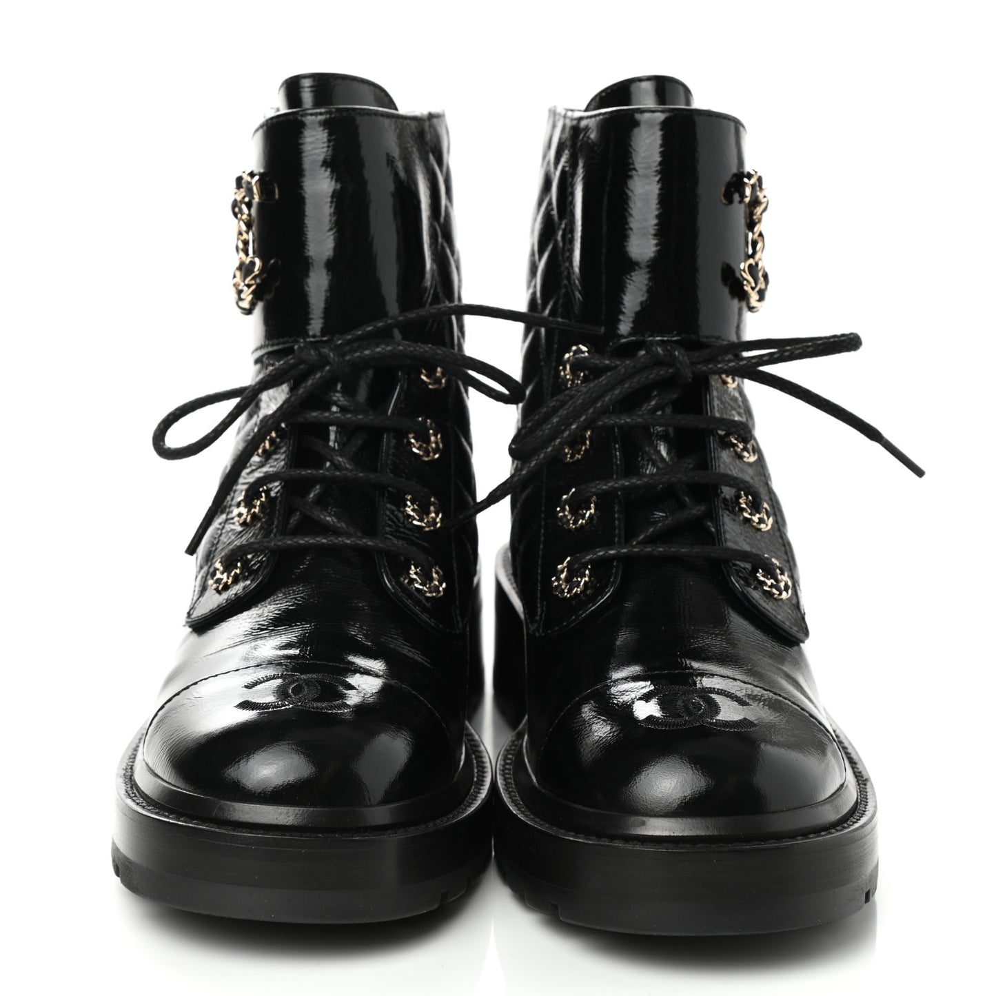 Shiny Lambskin Quilted Lace Up Combat Boots 39 Black