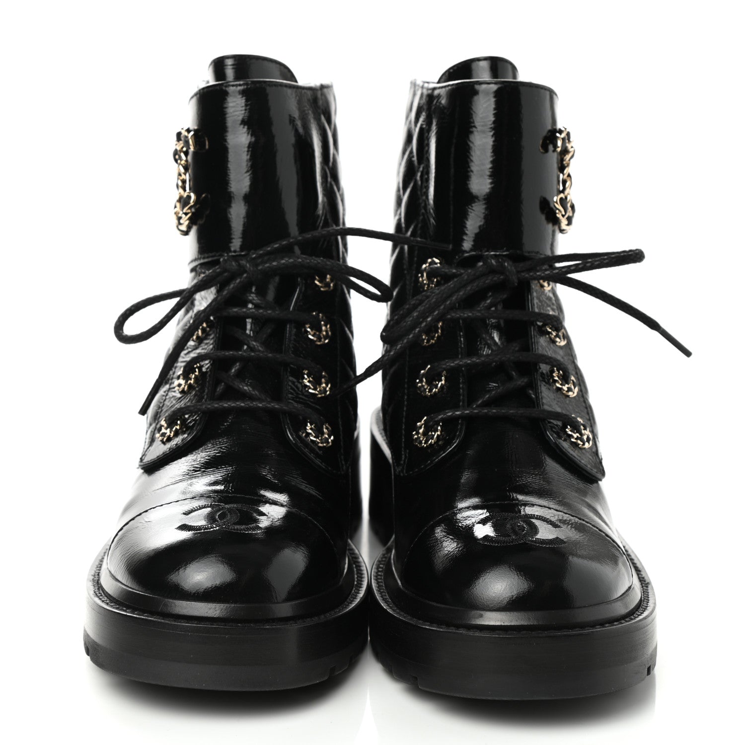 Chanel Shiny Lambskin Quilted Lace Up Combat Boots 39 Black 2 of 8