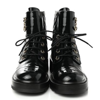 Chanel Shiny Lambskin Quilted Lace Up Combat Boots 39 Black 2 of 8